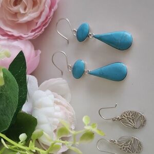 .925 Sterling Silver and Genuine Turquoise Dangle Earrings Plus Free Bonus Pair!